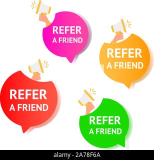 Referral program inviting a friend. Air gradient message bubbles with referral program text and microphone on a white background. Stock Vector