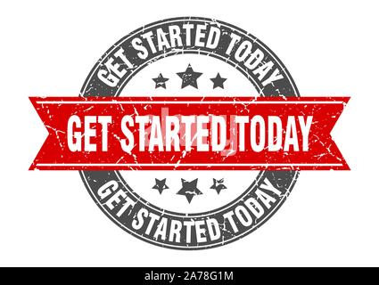 get started today round stamp with red ribbon. get started today Stock Vector
