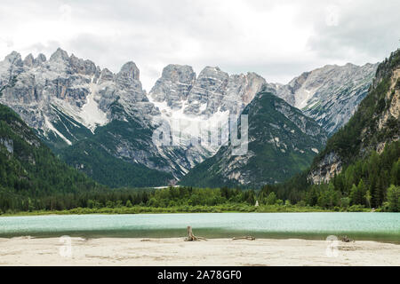 Dolomites, Italy - July,2019: Majestic mountains, view of Lake Landro Lago di Landro Cristallo group the Dolomites, Italy Stock Photo
