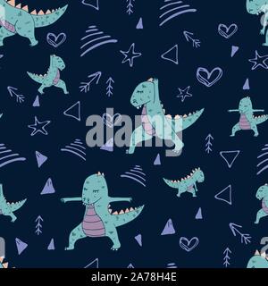 Dinosaur in yoga asanas, hand drawn vector seamless pattern Stock Vector