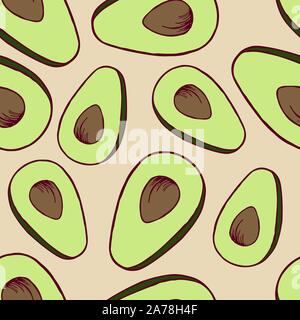 Handdrawn fruit seamless patter with avocado, vector illustration, on beige background Stock Vector