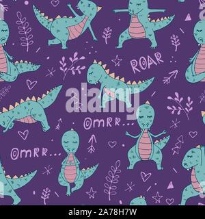 Dinosaur in yoga asanas, hand drawn vector seamless pattern Stock Vector