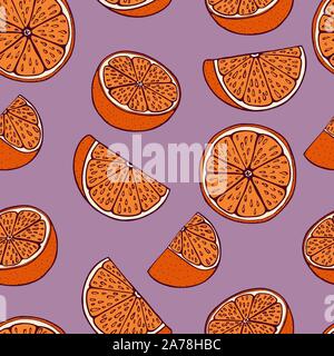 Handdrawn fruit seamless patter with orange, vector illustration, on violet background Stock Vector