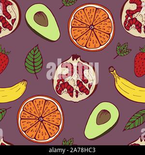 Handdrawn fruit seamless patter with set of fruit, vector illustration, on violet background Stock Vector