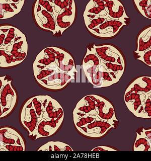 Handdrawn fruit seamless patter with pomegranate, vector illustration, on violet background Stock Vector