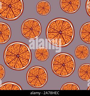 Handdrawn fruit seamless patter with orange, vector illustration, on violet background Stock Vector