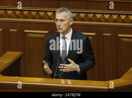 Kiev, Ukraine. 31st Oct, 2019. NATO Secretary General JENS STOLTENBERG adresses lo lawmakers during his speech in Ukrainian Parliament in Kiev, Ukraine, on 31 October 2019. The day before, Jens Stoltenberg with the NATO Ambassadors visited the NATO four Mine Countermeasures ships, which are docked in the Black Sea port of Odessa. NATO Secretary General visited Ukraine on October 30-31, 2019. Credit: Serg Glovny/ZUMA Wire/Alamy Live News Stock Photo