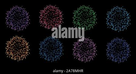 Collection or set of eight fireworks vectors icons in multiple gradient colors isolated on black background for new years eve celebration Stock Vector