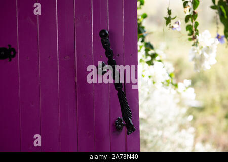 Purple shutters with forged handle on the background of flowers and green leaves Stock Photo