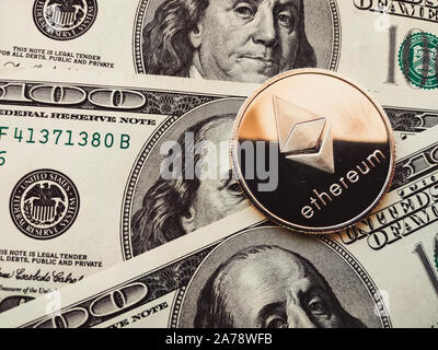Ethereum eth physical coin in US dollars. Digital currency Stock Photo