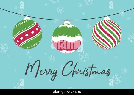 Flat vector illustration of Christmas ornaments with geometry patterns hanging on a rope with snow and Merry Christmas text on light blue background. Stock Vector