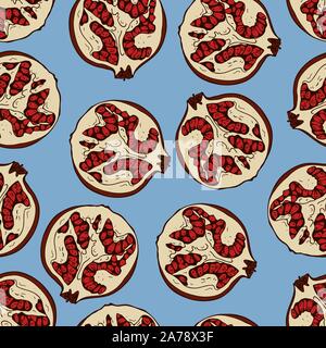 Handdrawn fruit seamless patter with pomegranate, vector illustration, on blue background Stock Vector