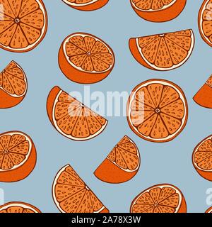 Handdrawn fruit seamless patter with orange, vector illustration, on blue background Stock Vector