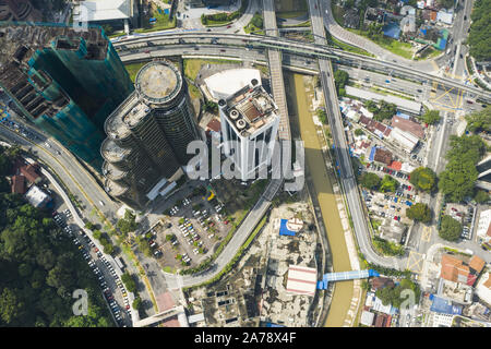 View from above, stunning aerial view of Kuala Lumpur city with the Klang River flowing through. Kuala Lumpur, Malaysia Stock Photo