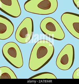 Handdrawn fruit seamless patter with avocado, vector illustration, on blue background Stock Vector
