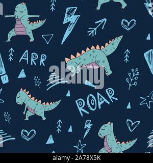 Dinosaur in yoga asanas, hand drawn vector seamless pattern Stock Vector