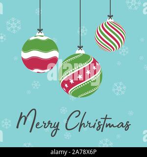 Flat vector illustration of Christmas ornaments with geometry patterns hanging on a rope with snow and Merry Christmas text on light blue background. Stock Vector