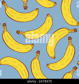 Handdrawn fruit seamless patter with banana, vector illustration, on blue background Stock Vector