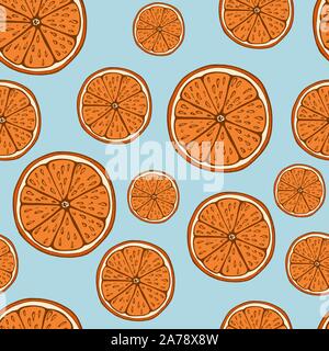 Handdrawn fruit seamless patter with orange, vector illustration, on blue background Stock Vector