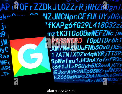 In this photo illustration the most popular social search engine Google logo displayed on a smartphone. Stock Photo