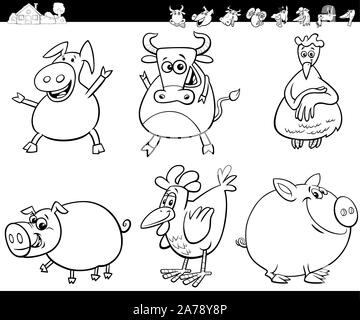 Black and White Cartoon Illustration of Cute Farm Animals Comic Characters Set Coloring Book Stock Vector