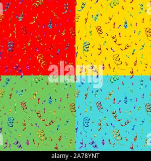 Set of bright colorful confetti and serpentine on different backgrounds, anniversary party seamless patterns Stock Vector