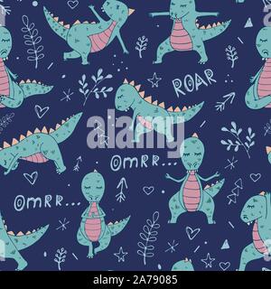 Dinosaur in yoga asanas, hand drawn vector seamless pattern Stock Vector