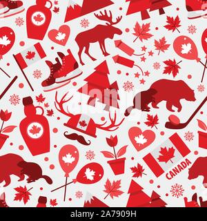 Canada sign and symbol, graphic elements flat icons set in seamless pattern. Stock Vector
