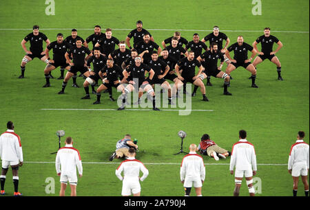 File photo dated 26-10-2019 of New Zealand perform the Haka as England look on during the 2019 Rugby World Cup Semi Final match at International Stadium Yokohama. Stock Photo