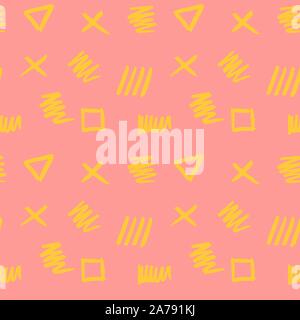 Handdrawn brush stroke seamless pattern. Memphis style pattern. Abstract background. Yellow and coral color. Stock Vector