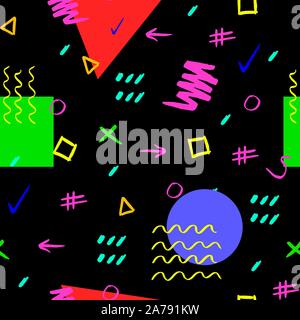 Handdrawn colorful on black background brush stroke seamless pattern. Memphis style pattern. Abstract background. Stock Vector
