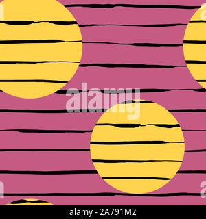 Handdrawn brush stroke seamless pattern with circle on pink background. Memphis style pattern. Abstract background. Stock Vector