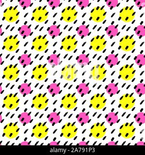 Handdrawn black brush stroke with yellow and purple circle seamless pattern. Memphis style pattern. Abstract background. Stock Vector
