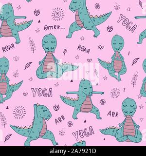 Dinosaur in yoga asanas, hand drawn vector seamless pattern Stock Vector