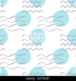 Handdrawn brush wave stroke and circle seamless pattern. Memphis style pattern. Abstract background. Stock Vector