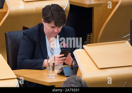 Edinburgh, UK. 31st Oct, 2019. Edinburgh, 31 October 2019. Pictured: Ruth Davidson MSP - Former Leader of the Scottish Conservatives and Unionist Party. Weekly session of First Ministers Questions at the Scottish Parliament. Credit: Colin Fisher/Alamy Live News Stock Photo