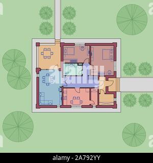 Architectural floor plan of a house. The drawing of the cottage. One-storey building on the land. Vector illustration EPS10 Stock Vector