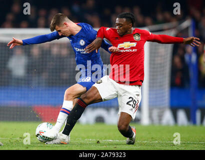 LONDON, UNITED KINGDOM. OCTOBER 30 L-R Chelsea's Mason Mount and Manchester United's Aaron Wan-Bissaka during Carabao Cup Fourth Round between Chelsea Stock Photo