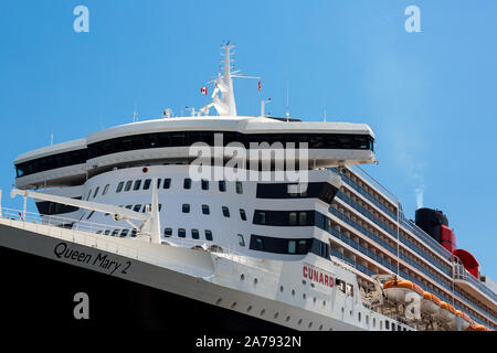 RMS Queen Mary 2. Ship's bridge and superstructure. (Alongside Terminal at Halifax Canada) Stock Photo