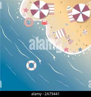 Summer Beach with umbrella, rubber ring, starfish, seashell, flip flops. Vector Illustration Stock Vector