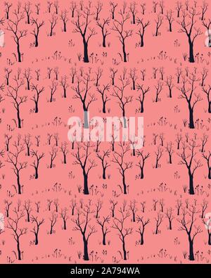Trees with no leaves. Continuous Pattern. Partly Seamless. Vector Illustration Stock Vector