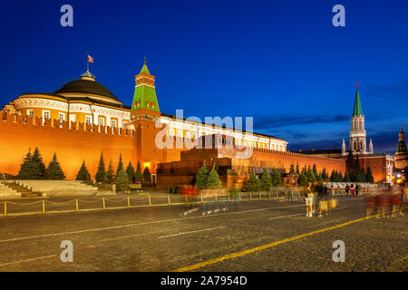 The view of the illuminated Lenin's Mausoleum and Kremlin Senate at dusk, Red Square, Moscow Stock Photo