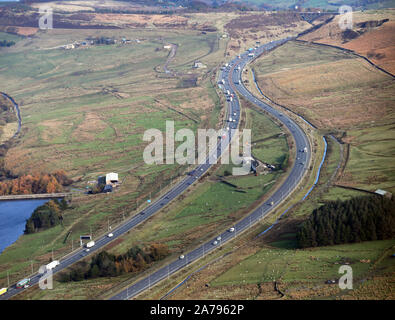 aerial view of Stott Hall Farm, Rishworth, on the M62 between the carriageways of the motorway Stock Photo