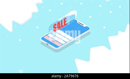 Push notification on the phone in the application, isometric illustration. Vector graphics, smartphone app concepts, for holiday sales and winter disc Stock Vector