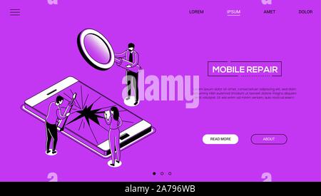 Mobile repair - line design style isometric web banner Stock Vector