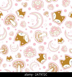 Cute winter fox seamless pattern, wolf hand drawn forest autumn background with moon, mushroom, folk art vector illustration Stock Vector