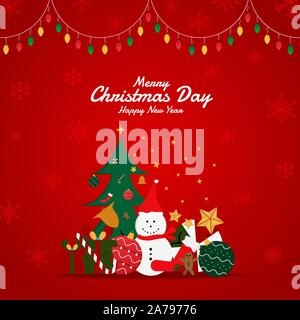 Christmas red background gift and tree modern design with snowflake fall. vector illustration Stock Vector