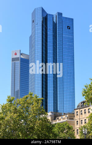 Deutsche Bank Twin Towers and Trianon Tower with Sparkasse bank logo, high rise skyscrapers, Financial district Frankfurt am Main, Germany Stock Photo