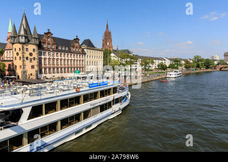 Mainufer, Embankment and promenade, River Main with the old town and tourist boats, Frankfurt am Main, Germany Stock Photo
