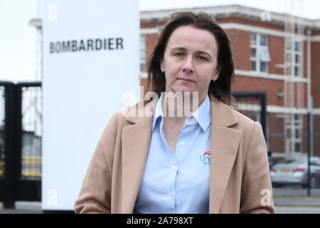 Susan Fitzgerald, Unite regional coordinating officer, outside the Bombardier factory in Belfast which has been sold to US firm Spirit AeroSystems. Stock Photo